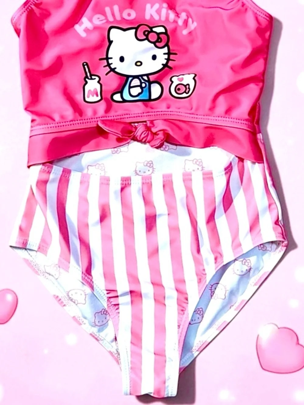 Hello Kitty by Sanrio Girls Swimsuit Pink Striped One‑Piece S 6/6X EUC